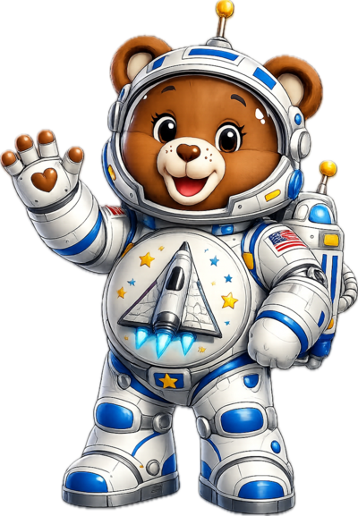 Aerospace Bear, brown bear in a white astronaut spacesuit with a rocket-and-stars tummy