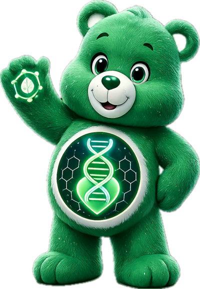 Biotech Bear, evergreen Care Bear with a glowing DNA helix tummy