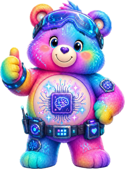Cyber Bear, rainbow tie-dye Care Bear with a chip-brain tummy and tactical belt