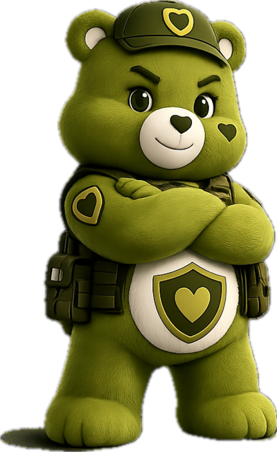 Defense Bear, olive-drab Care Bear in a cap with a shield-and-heart tummy