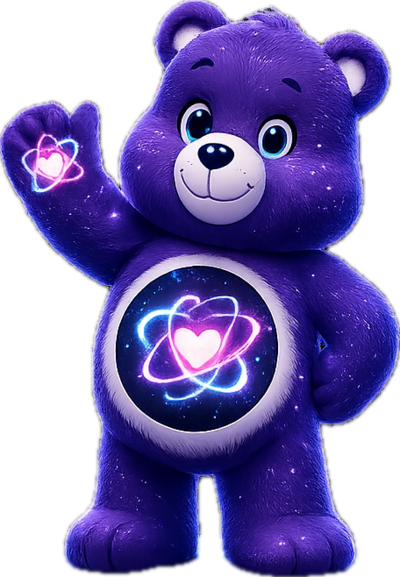 Quantum Bear, deep purple cosmic Care Bear with an atom-and-heart tummy