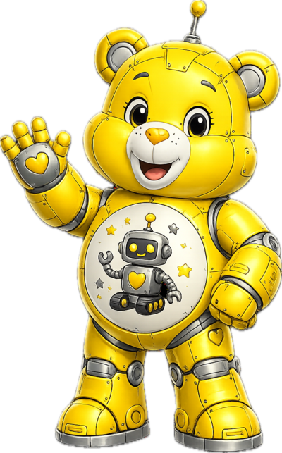 Robot Bear, sunshine-yellow Care Bear with metallic plating and a robot tummy