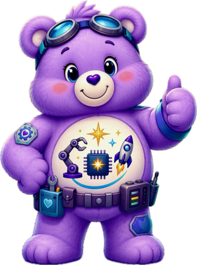 Tough Tech Bear, lavender Care Bear with goggles and a chip+rocket tummy