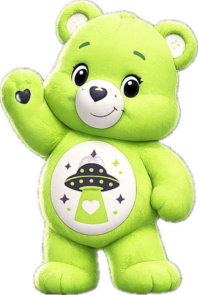 UAP Bear, lime Care Bear with a flying-saucer tummy