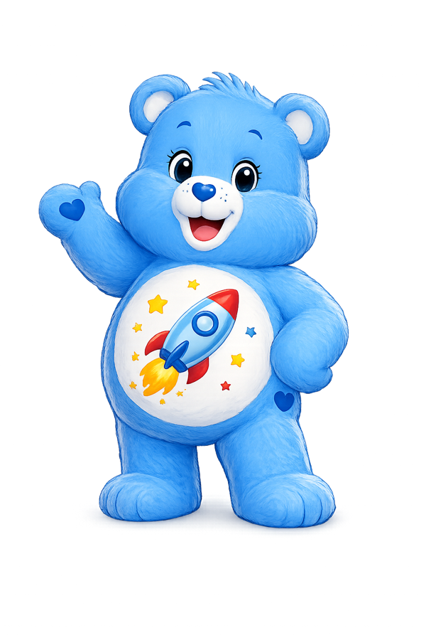 Frontier Bear — a cobalt-blue Care Bear with a rocket tummy symbol, waving