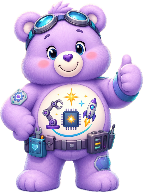 Tough Tech Bear — a lavender Care Bear with safety goggles, a chip-and-rocket tummy symbol, and a tool belt, waving hello